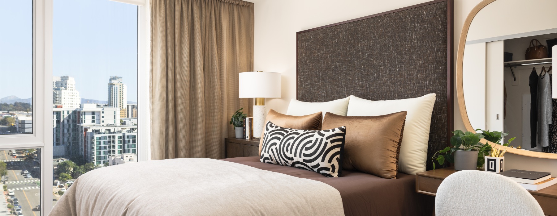 Bedroom with floor to ceiling windows