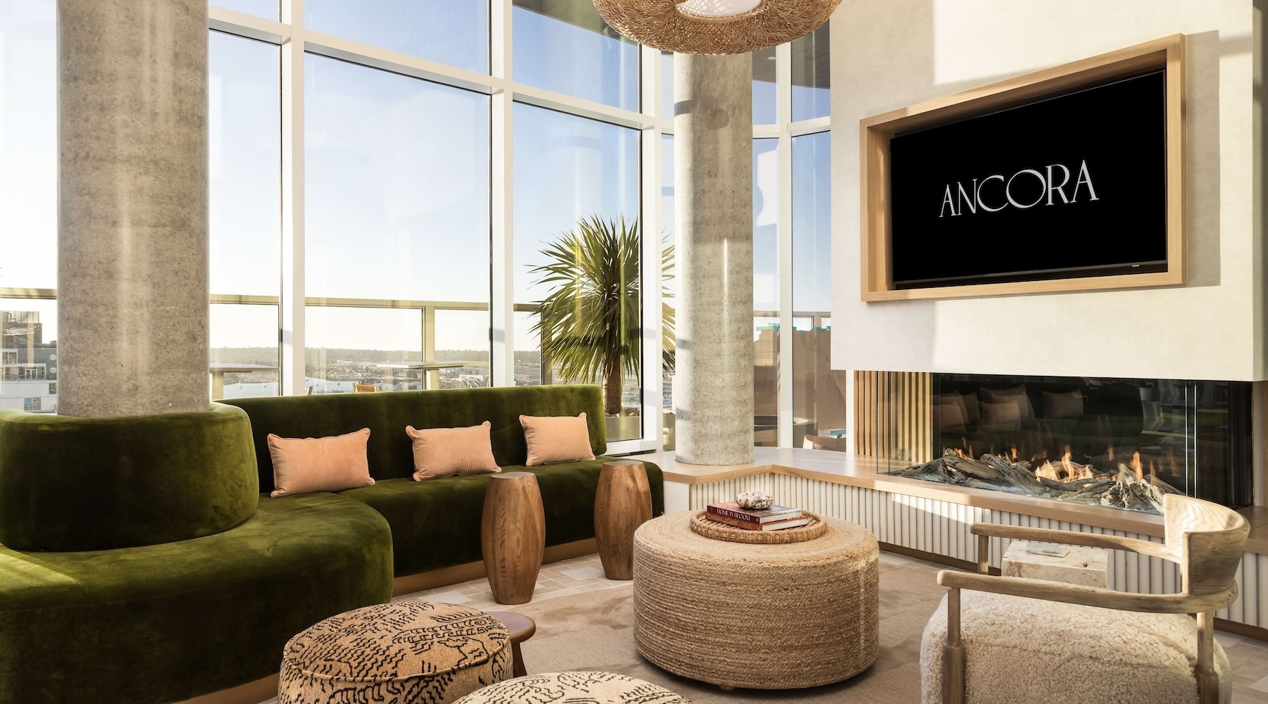Sky Lounge with large windows, fireplace and tv