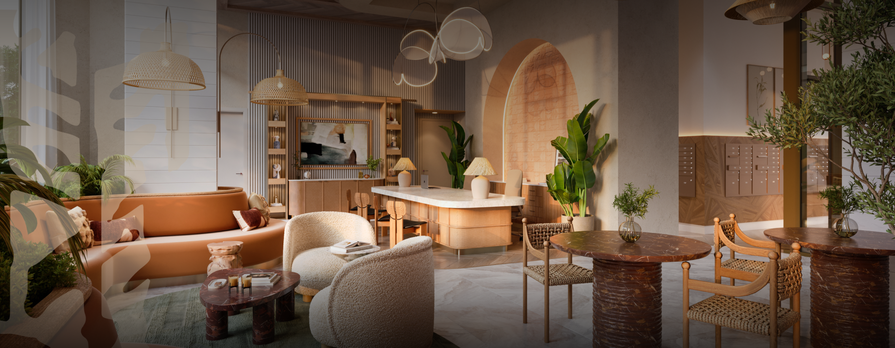 lobby with elevated lighting and seating areas