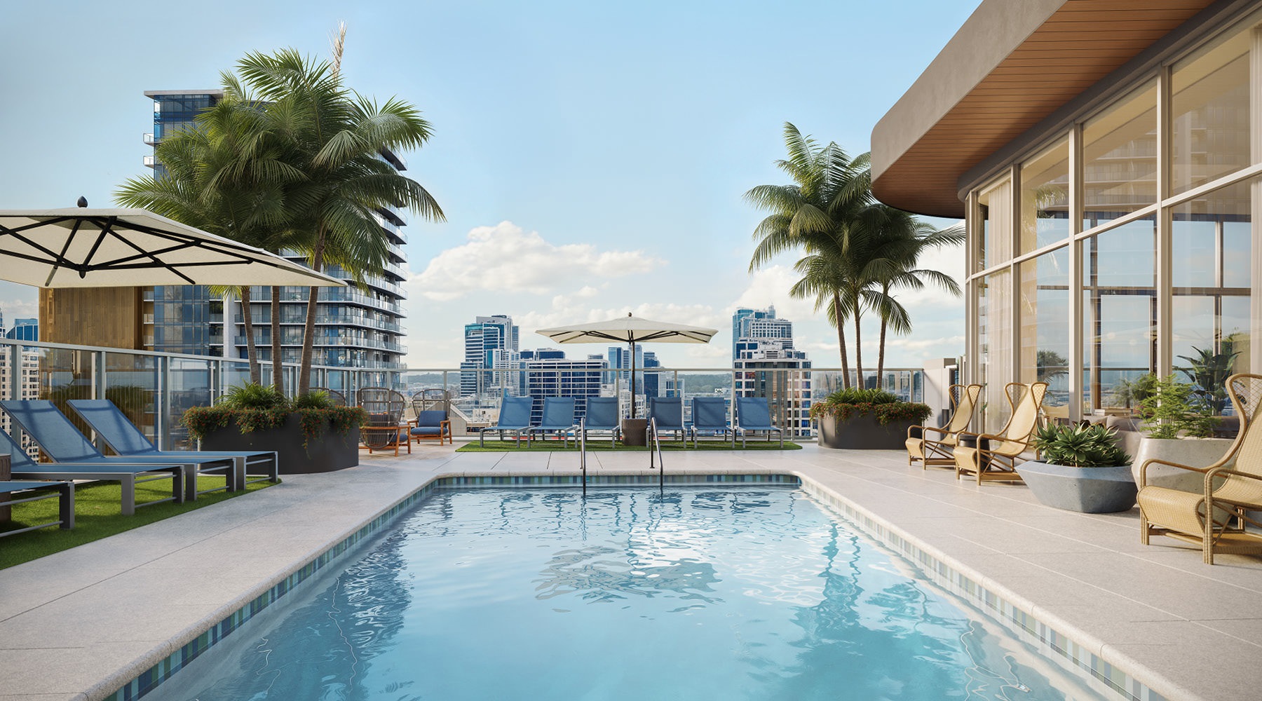 a pool with a building in the background